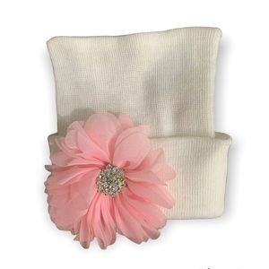 Newborn Hospital Hat Beanie White With Pink Blossom & Rhinestone Center New. NWT